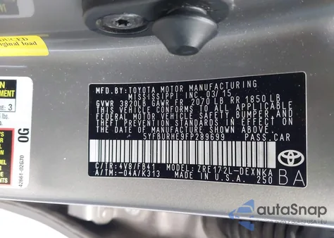 2015 Toyota Corolla Le из США, поврежденный, VIN 5YFBURHE9FP289699